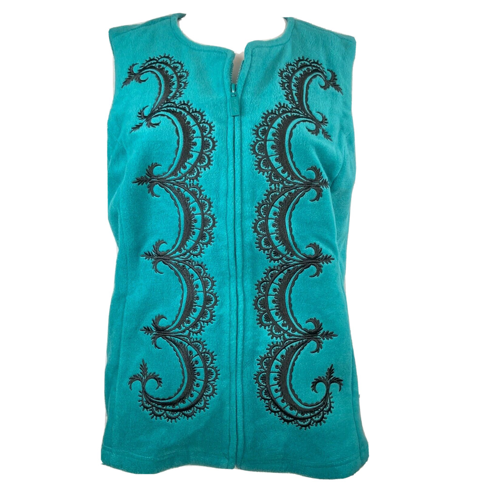 Bob Mackie Vest Womens Sz S Aqua‎ Blue Black Embroidered Full Zip Fleece Pockets